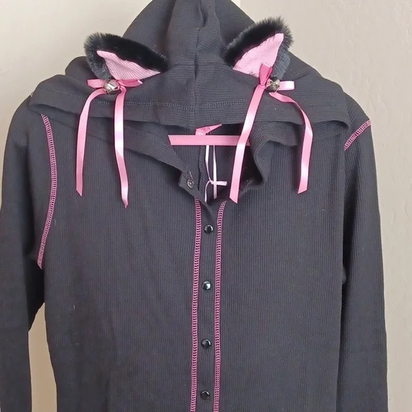 DOLLSKILL SUGAR THRILLZ 1X BLACK LONG-SLEEVED CAT ROMPER EARS ON HOOD BOWS/BELL - Picture 17 of 17